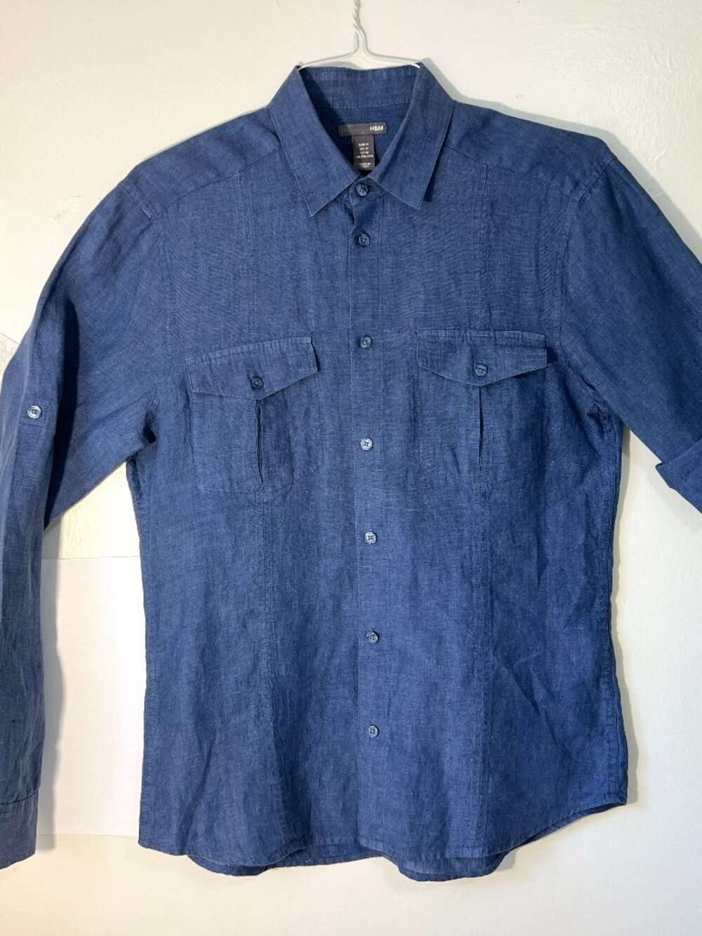 Pre-Owned H+M Size M Long Sleeve Linen Button-Down Shirt - Dark Blue